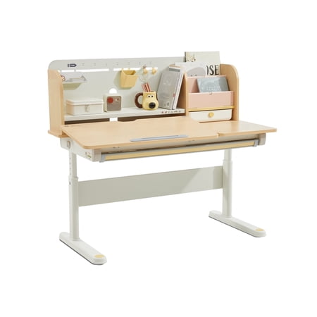Wooden Kids Study Desk,Children Multi Functional Wooden Height Adjustable Computer Workstation with Tiltable Desktop,Drawer, Storage Shelf, Pen Holder