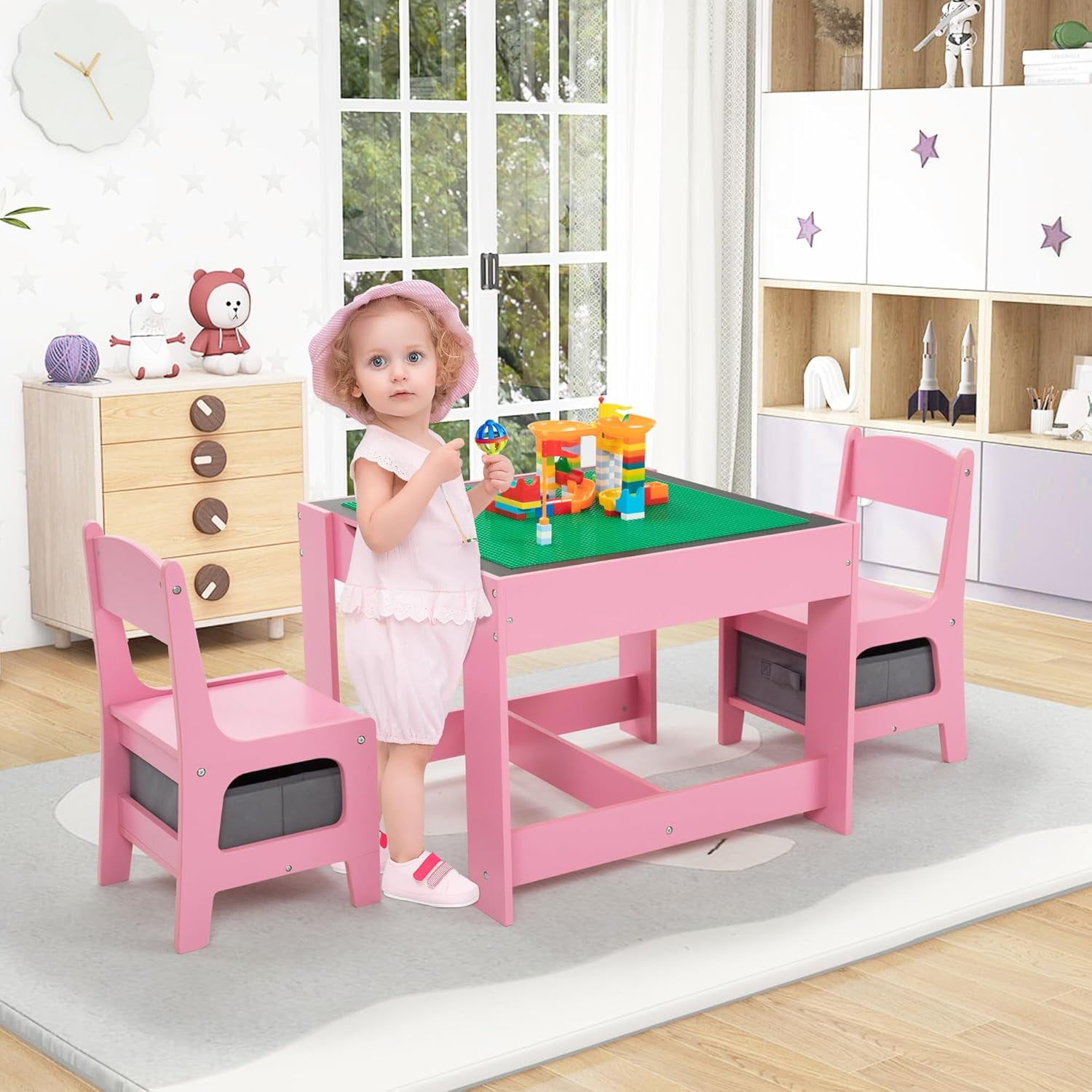 Wooden Kids Table and Chair Set, 3 in 1 Kids Dining Table with Chairs