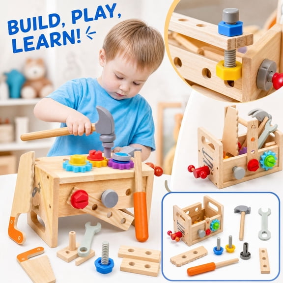 Wooden Kids Tool Box Set, Convertible Mini Workbench Pretend Play Kit with Screws, Nuts, Gears & Simulation Tools, STEM Assembly Disassembly Toy for Construction Pretend Play, Home Use & Gift