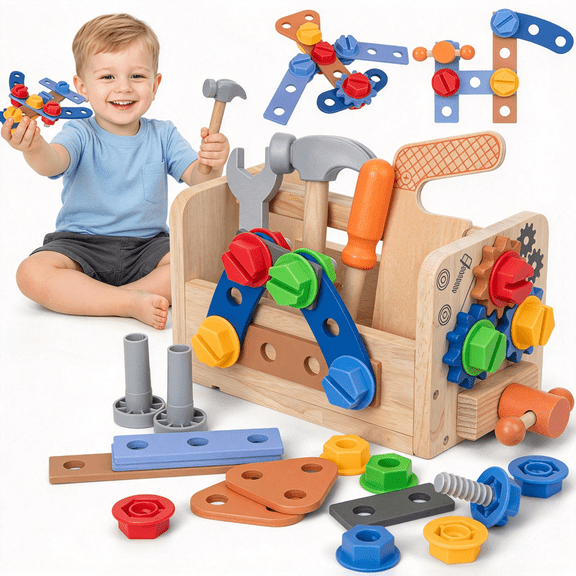 XUEYU Wooden Kids Tool Set  38 PCS Educational Construction Toy with Tool Bench, Montessori Toddler Tool Box, STEM Gift for Boys & Girls