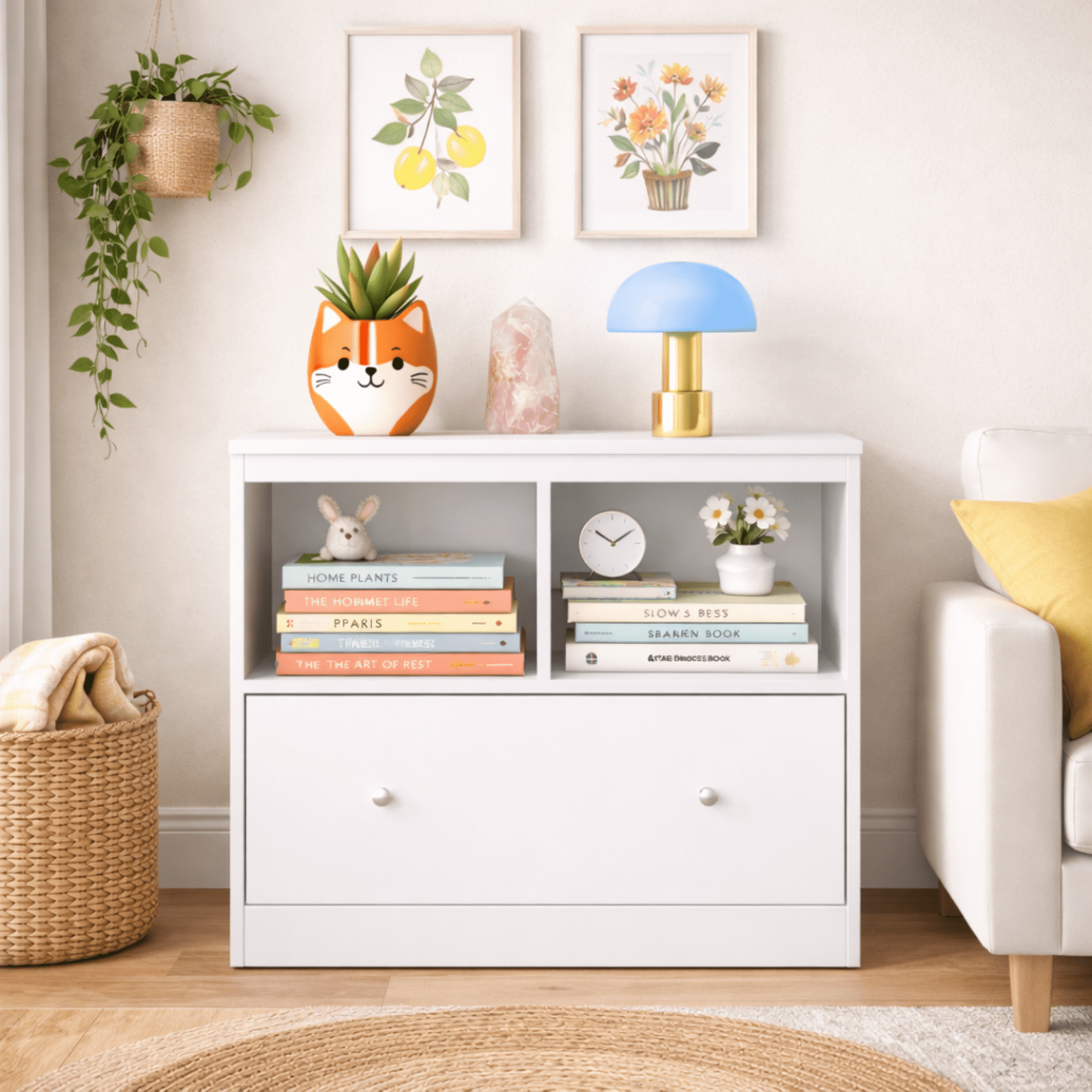 Wooden Kids Toy Storage Organizer, Low Bookshelf Cabinet with Large Drawer, P2 MDF Storage Unit with Anti-Tip Kit, Rounded Edge Design for Nursery Playroom Bedroom