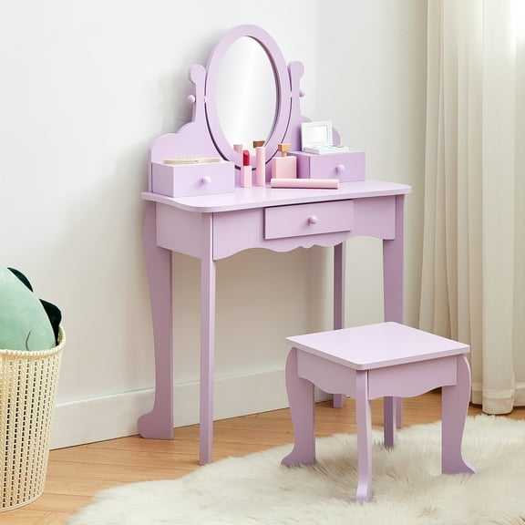 Wooden Kids Vanity Set with Adjustable Mirror & Drawer – Princess Makeup Dressing Table and Stool for Girls Ages 4-9 – Pretend Play Desk – Purple, Without Light