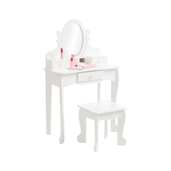 Wooden Kids Vanity Set with Mirror & Stool – Princess Makeup Dressing Table and Chair for Girls Ages 4-9 – Pretend Play Desk with Drawer – Ideal for Bedroom Decor – White, Without Light