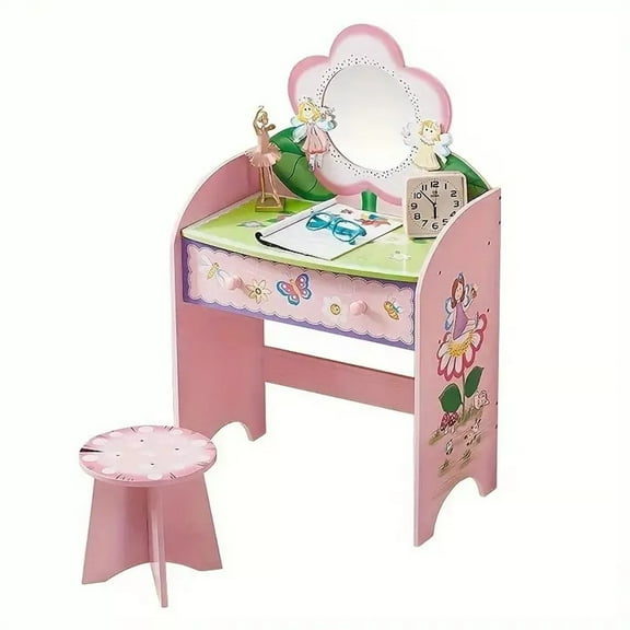 Wooden Kids Vanity Table Set Makeup Dressing Table Stool Mirror Pink Girls Gifts