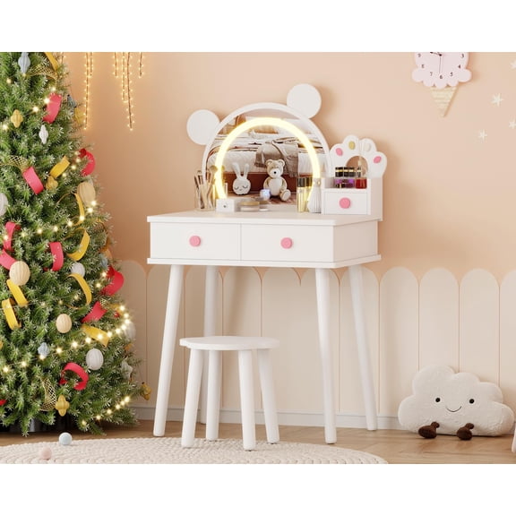 Wooden Kids Vanity Table with Lights & Mirror, Toddler Princess Pretend Play Vanity Desk with Storage Drawers for Little Girls,White