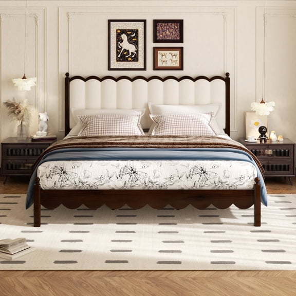 Wooden King Size Bed Frame, Leather Platform Bed with Upholstered Headboard, Solid Wood Four Poster Bed, Vintage Style Bed Frame with Wood Slats, No Box Spring Needed, Noise-Free, White