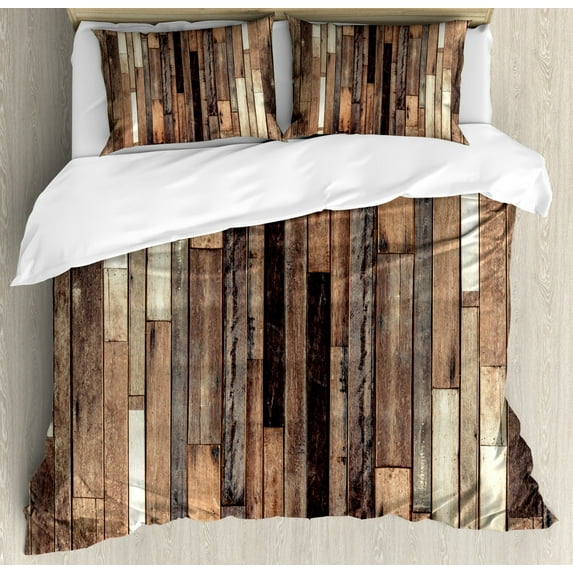 Wooden King Size Duvet Cover Set, Brown Old Hardwood Floor Plank Grunge Lodge Garage Loft Natural Rural Graphic Artsy Print, Decorative 3 Piece Bedding Set with 2 Pillow Shams, Brown, by Ambesonne
