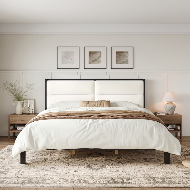 Wooden King Size Platform Bed with Velvet Upholstered Headboard, Low-Profile Bed Frame with Slat Support No Box Spring Needed