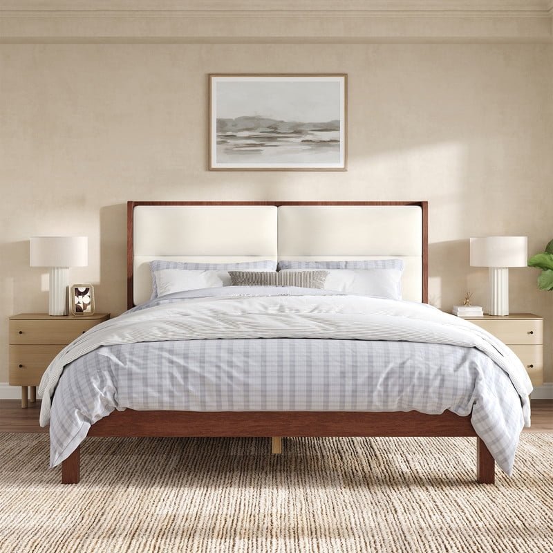 Wooden King Size Platform Bed with Velvet Upholstered Headboard, Low-Profile Bed Frame with Slat Support No Box Spring Needed