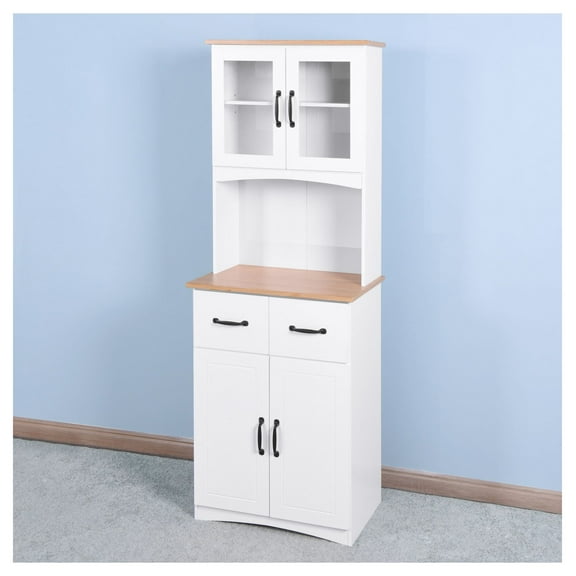 Wooden Kitchen Cabinet White Pantry Room Storage Microwave Cabinet with Framed Glass Doors and Drawer