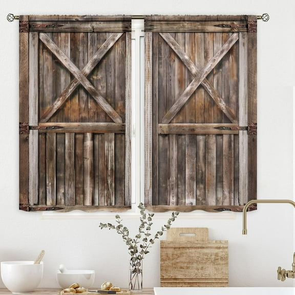 Wooden Kitchen Curtains Rod Pocket 27.5W x 39L Inch Rustic Barn Door Kitchen Decor Brown Wood Farmhouse Country Western Garage Gate Countryside Short Design Cafe Small Window Drapes 2 Panels