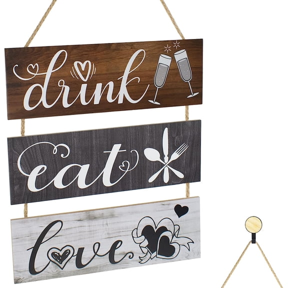 Wooden Kitchen Decor, Rustic Kitchen Wall Art Sign, Eat Love Drink Sign with Hook, Primitive Kitchen Wall decorations for Kitchen Dining Room Bar Cafe
