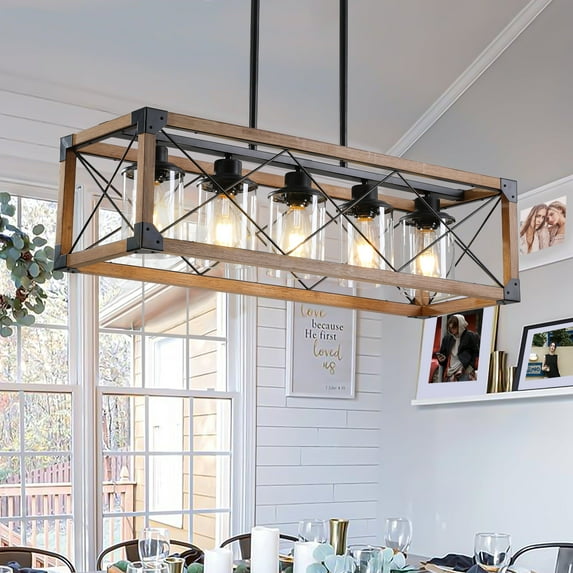 Wooden Kitchen Island Lighting, 5-Light Dining Room Light Fixtures Over Table, Farmhouse Linear Chandelier for Dining Room
