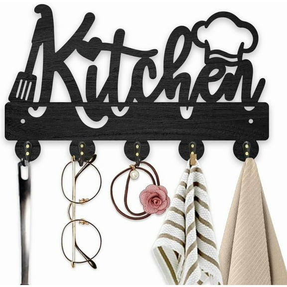 Wooden Kitchen Key Hook for Wall 11.87.1 inch Chef Hat Kitchenware Wall Mounted Black Art Key Rack with 5 Alloy Hooks for Entryway Restaurant Kitchen Home Decor