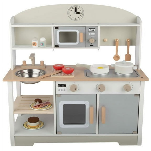 Wooden Kitchen Playset with Microwave, Stove, Utensils and Play Food for Kids by Hey! Play!