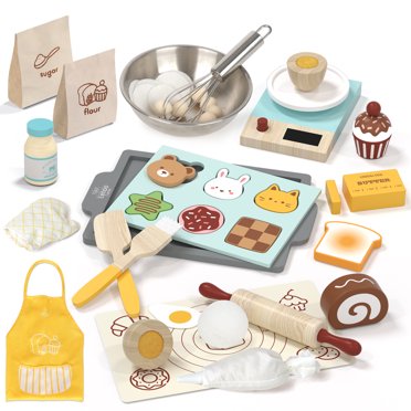 Wooden Play Kitchen Set - Pots, Pans & Cuttable Food Toys For Toddlers 3-5 Years Old