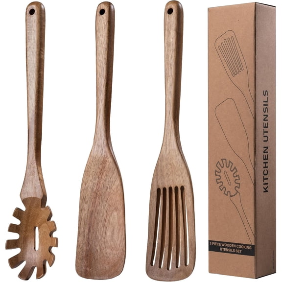 Wooden Kitchen Spatula for Cooking - 3 Pcs Set, Natural Acacia Wood Pasta Spoon with Teeth Spaghetti Fork for Serving Pasta, Non-Stick Cooking Spurtle Utensils for Kitchen Use