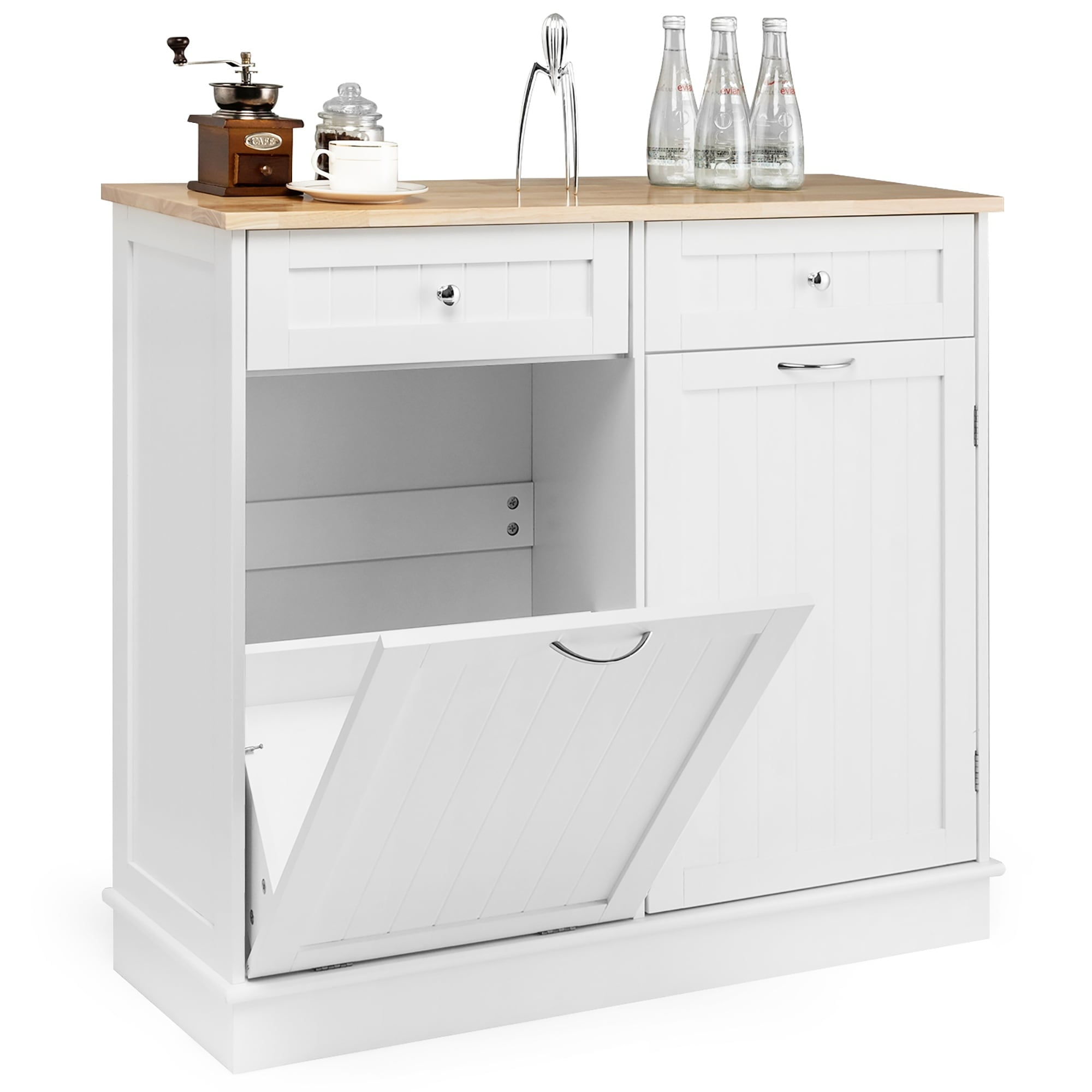 White Rubber Wood Kitchen Trash Cabinet with Adjustable Shelf
