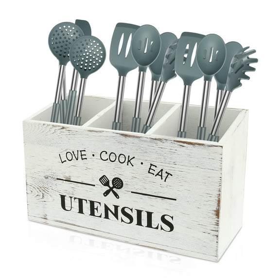 Wooden Kitchen Utensil Holder 3 Compartments Large Kitchen Utensil Caddy Organizer Sturdy Silverware Holder Farmhouse Wood Cooking Utensil Stand for Kitchen Countertop Farmhouse