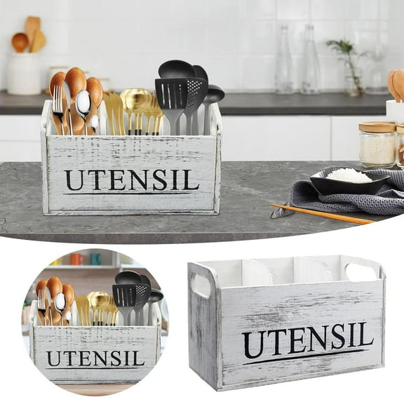 Large Wooden Kitchen Utensil Organizer Countertop Caddy With Three Compartments Practical Housewarming Cooking Tool Storage