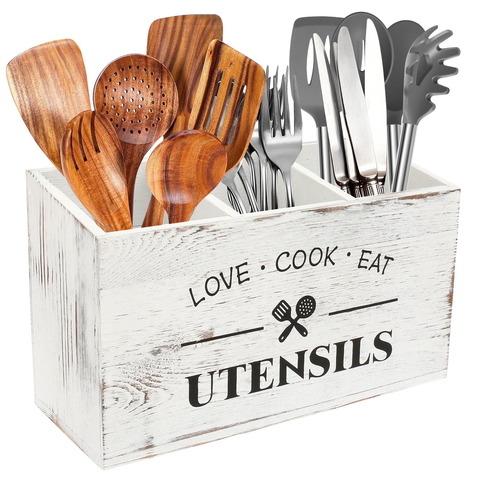 Wooden Kitchen Utensil Holder with 3 Compartments, Utensil Storage Organizer, Rustic Cooking Tools Storage for Kitchen Counter, Farmhouse Decoration