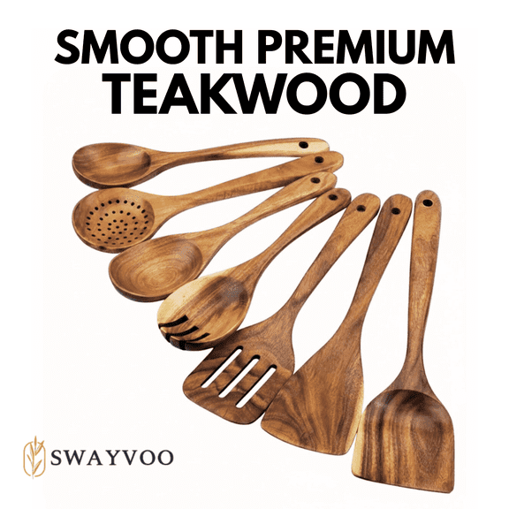 Swayvoo Wooden Spoons for Cooking, 8-Piece 100% Natural Teak Wooden Utensils for Cooking — Heat Resistant, Non-Stick Safe, Wood Kitchen Utensil Set with Holder