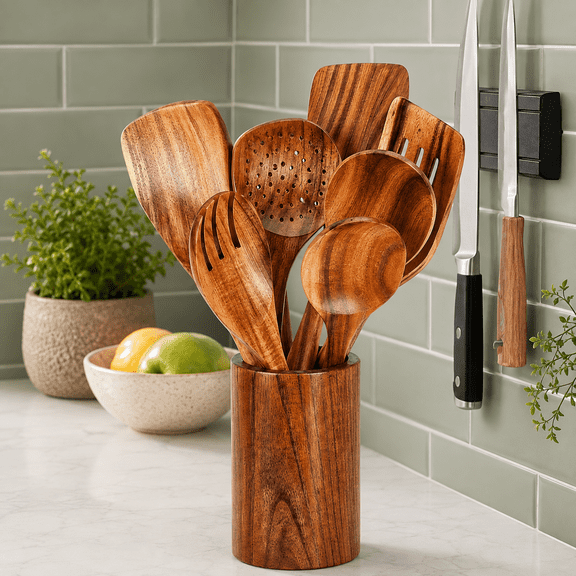 Swayvoo Wooden Spoons for Cooking, 8-Piece 100% Natural Teak Wooden Utensils for Cooking — Heat Resistant, Non-Stick Safe, Wood Kitchen Utensil Set with Holder