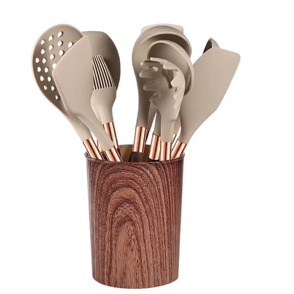 Wooden Kitchen Utensil Set, Cooking Utensil Set, 4 in Base, Nonstick Cookware, Heat Resistant Spatula, Gold Kitchen Handles, Wood Grain, Cooking Utensil Holder, 11 Set, Color Box,