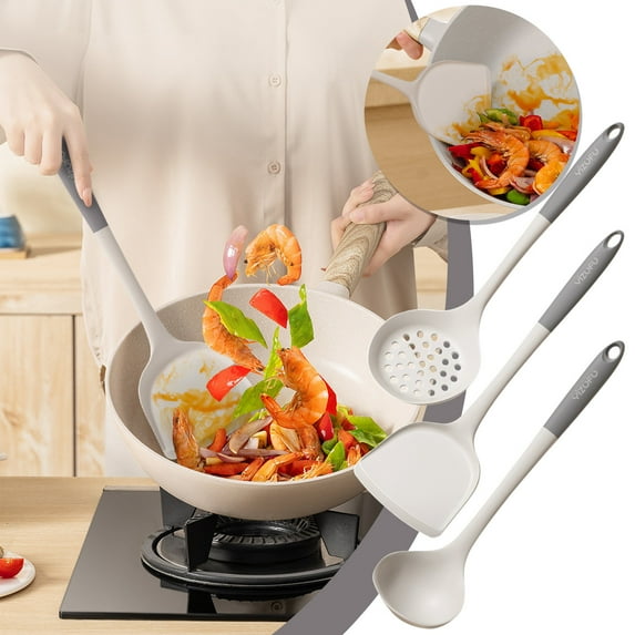 Wooden Kitchen Utensil Set Heat Resistant Nylon Spoons Spatulas Non-scratch Nonstick Cookware Safe Easy Grip Handles for Home Cooking & Meal Prep, UKHBMC | Beige