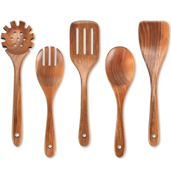 Wooden Kitchen Utensil Set, Quality Teak Utensils for Cooking, Includes 5 Pieces, Long Handle Design, Non-stick, Ideal for Kitchen Essentials