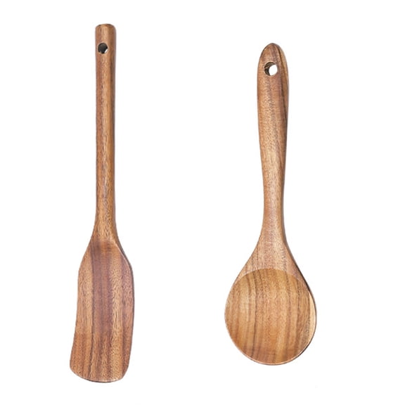 Wooden Kitchen Utensils Set - 2 Piece Non-Stick Bamboo Wooden Utensils for Cooking - Easy to Clean ReusableNarrow spatula + seasoning spoon