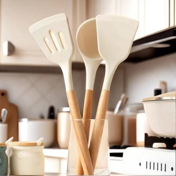 Wooden Kitchen Utensils Set, Non Toxic, Silicone Soup Ladle, Slotted Spatula, Daily Cooking, Light Weight, 3 Pc
