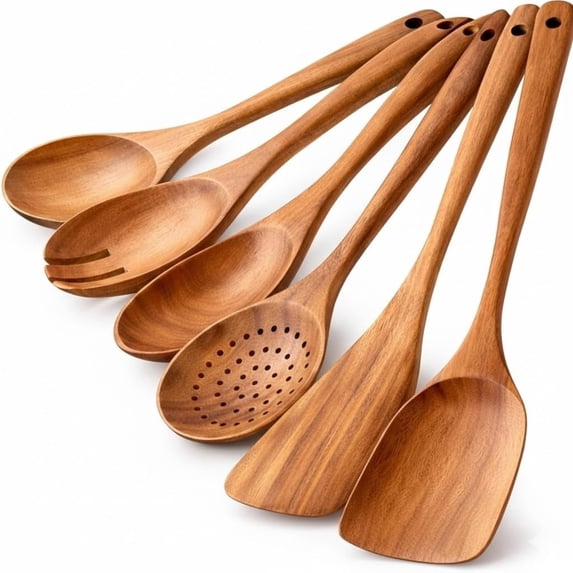 Wooden Kitchen Utensils Set of 6 – Natural Cooking Spoon Set with Spatula, Ladle & Turner – Heat Resistant Wooden Cooking Tools for Nonstick Cookware