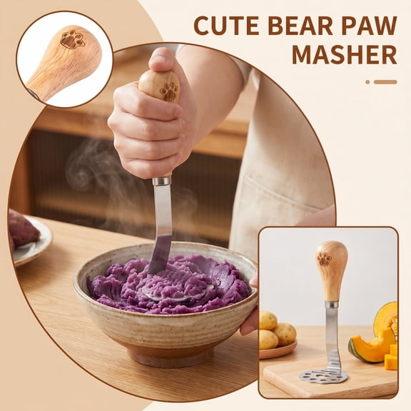 Wooden Kitchen Utensils, Stainless Steel Masher, Soft Masher, Pet Paw Potato Masher, 5X2 Inch Heavy Duty Kitchen Cooking Utensil, Safe Easy to Clean Paw Design, for Halloween