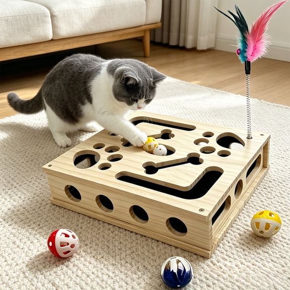 Wooden Kitty Interactive Puzzle Box, Maze Style with Space for Balls and Treats, Sharpens Claws and Reduces Destructive Scratching for Indoor Felines Daily Use
