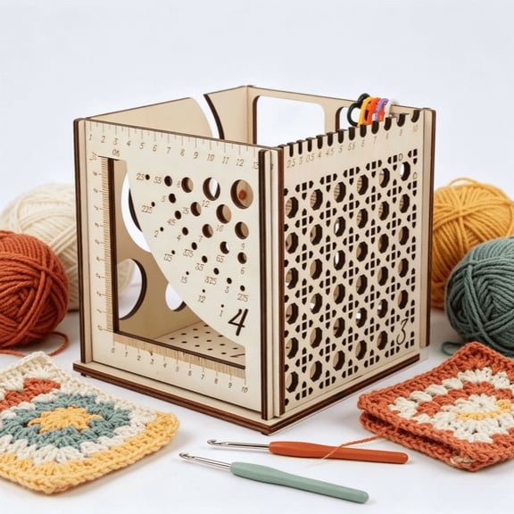 Wooden Knitting Caddy and Yarn Storage Box, Multi-Functional Knitting Needle Gauge and Ruler Organizer with Crochet Hook Sizer for Crafting and Sewing Accessories