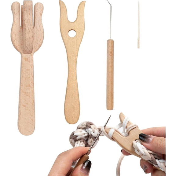 Wooden Knitting Fork, 4Pcs DIY Craft Tools, Wood Lucet Tool, Portable Knitting Fork and Needle Kit, Wide Use Forking Set with Big Eye Needle, Crochet Kit for Rug Making(RL)