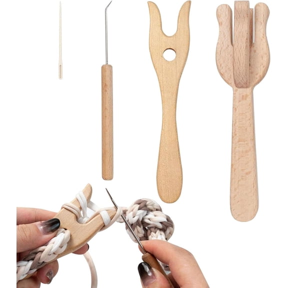 Wooden Knitting Fork, 4Pcs Tools for DIY Knitting Crafts, Portable Knitting Fork Set with Big Eye Needle, Wooden Fork Braider and Lucet Fork Crochet Kit for Rug Making