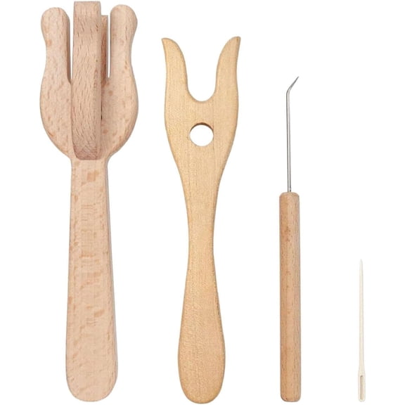 Wooden Knitting Fork, 4Pcs Tools For DIY Knitting Crafts, Wood Lucet Tool Portable Knitting Fork And Needle Kit, Portable Forking Set With Big Eye Needle Crochet Kit For Rug Making