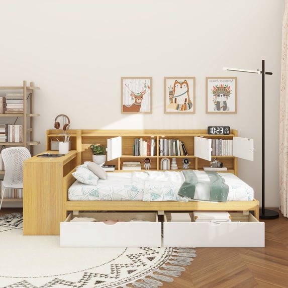 Wooden L-Shape Daybed with Seven Storage Cabinets and Two Storage Drawers, Multi-functional Bed with Study Desk and Built-in Bookshelf, Natural+White