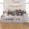 thumbnail image 1 of Wooden L-Shaped Full Size Daybed with 2 Drawers and Storage 3 Cabinets, Multi-functional Day Bed Frame with Bookshelf and Study Desk for Bedroom Guest Room, Gray, 1 of 15