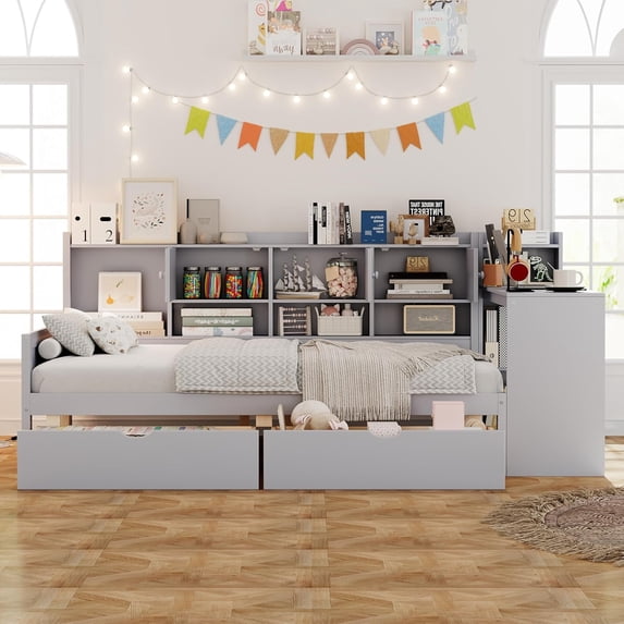 Wooden L-Shaped Full Size Daybed with 2 Drawers and Storage 3 Cabinets, Multi-functional Day Bed Frame with Bookshelf and Study Desk for Bedroom Guest Room, Gray