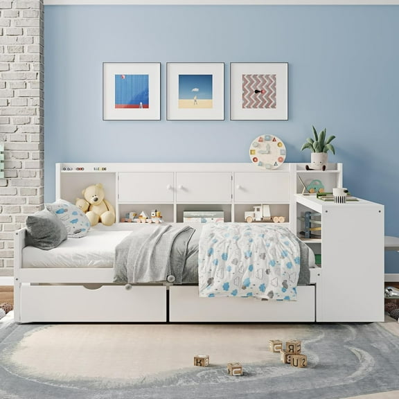 Wooden L-Shaped Full Size Daybed with 2 Drawers and Storage 3 Cabinets, Multi-functional Day Bed Frame with Bookshelf and Study Desk for Bedroom Guest Room, White