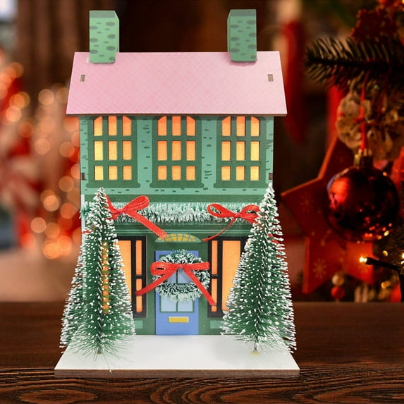 Wooden LED Christmas Decorations (Green House) - Mini LED Glow Scene Decor - Home Desktop Holiday Ornament for Tabletop Display
