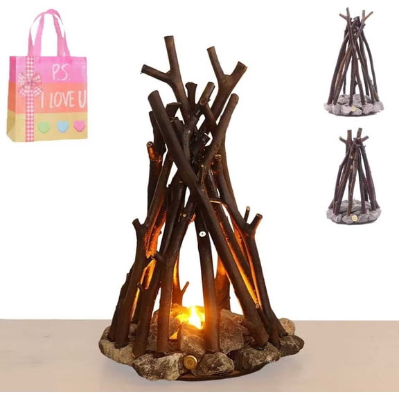 Wooden LED Flame Lamp with Realistic Flickering Effect & Crackling Fire Sounds, Dimmable Mood Light with Remote for Bedroom, Camping Decor, Patio, Yoga Relaxation(XX)