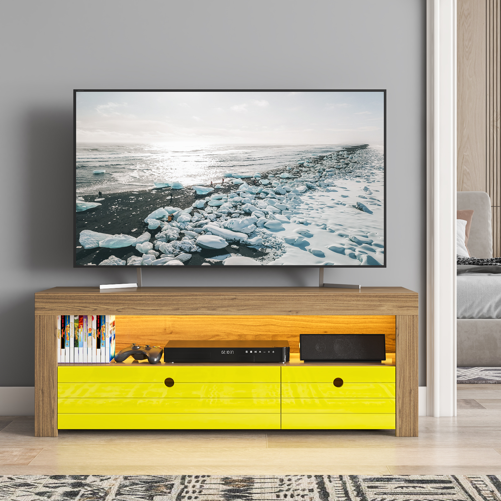 Contemporary Style TV Stand With 2 Open Shelves.