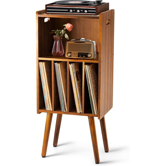 Wooden LP Record Player Stand,3-Tier Turntable Stand Cabinet Holds up to 100 Albums,Metal Record Storage Holder and Organizer Table,Mid-Century Modern Record Player Holder for Living Room & Bedroom