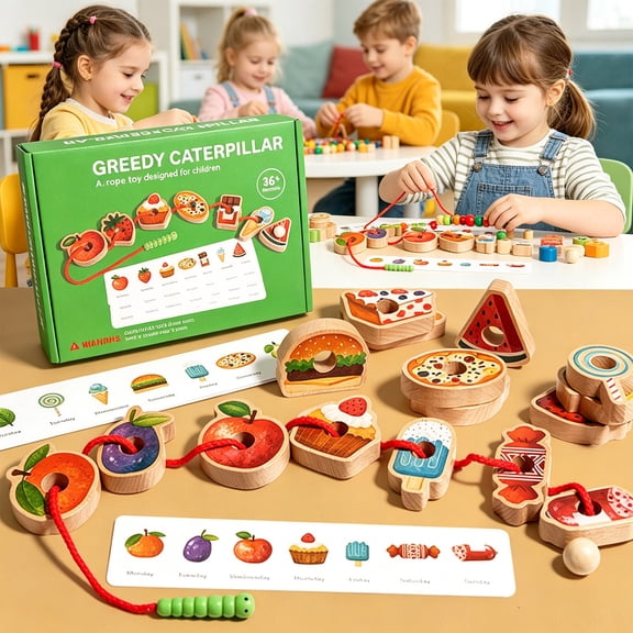 Wooden Lacing Beading Toy Set, Food Theme Threading Activity Board, Fine Motor Skill Training Puzzle, Hand Eye Coordination Learning Game, Portable Storage Box Educational Gift