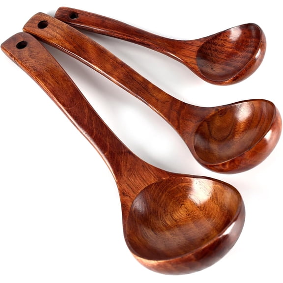 Wooden Ladle for Soup, 3 Size Wooden Spoons for Deep Pot & Bowl, Heat Resistant Handles, Non-Stick Wood Kitchen Utensils Set for Cooking, Serving and Stirring Thick Stews, House Warming Gifts