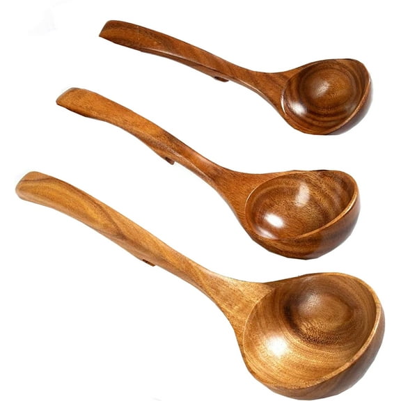 Wooden Ladle Spoon Set,Bexikou 3 Pack Large & Medium & Small Soup Spoon Set with Back Hooks for Pot & Bowl, Non-Stick Wooden Spoon Set for Cooking, Serving and Stirring